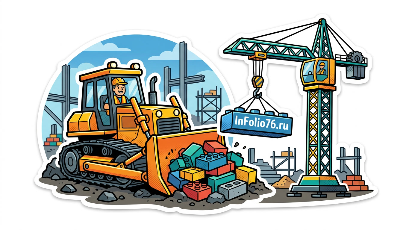 Строительный кран и бульдозер строят сайт InFolio76.ru